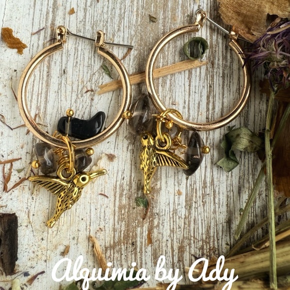 ALQUIMIA Jewelry - Smokey quartz humming bird charms boho earrings hoops
